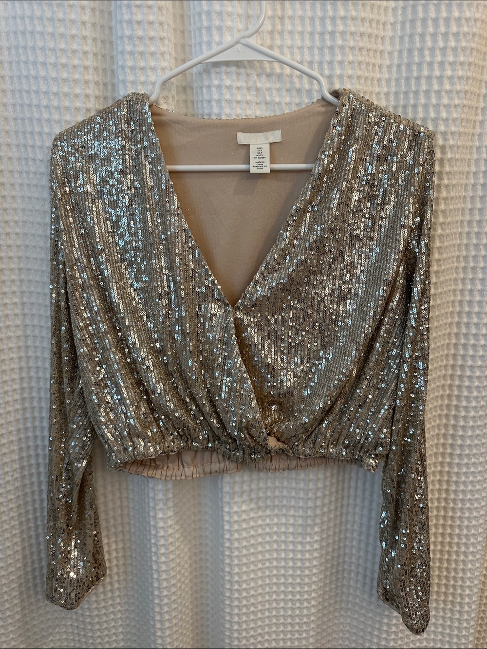 H&M Champagne Sequin Cropped Wrap Blouse